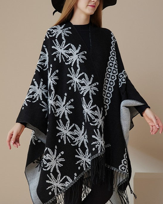 Bloom Jacquard Fringed Reversible Cape Wrap - Black