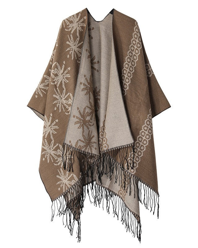 Bloom Jacquard Fringed Reversible Cape Wrap - Camel - 1