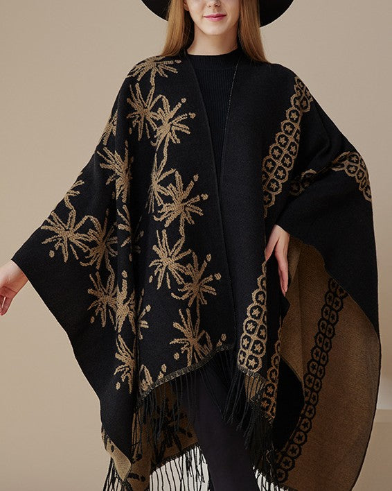 Bloom Jacquard Fringed Reversible Cape Wrap - Camel - 2