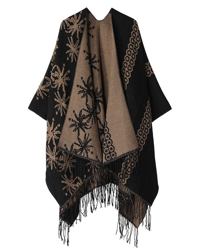 Bloom Jacquard Fringed Reversible Cape Wrap - Khaki
