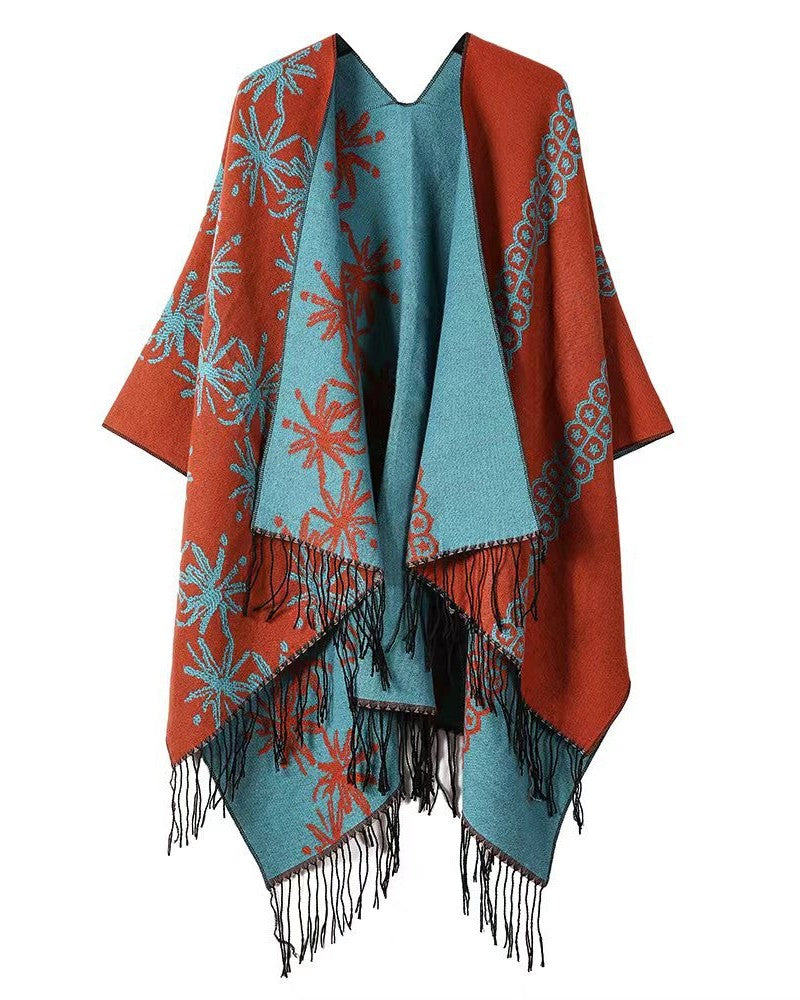 Bloom Jacquard Fringed Reversible Cape Wrap - Orange