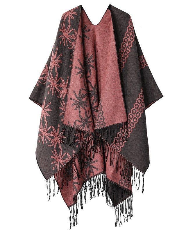 Bloom Jacquard Fringed Reversible Cape Wrap - Pink