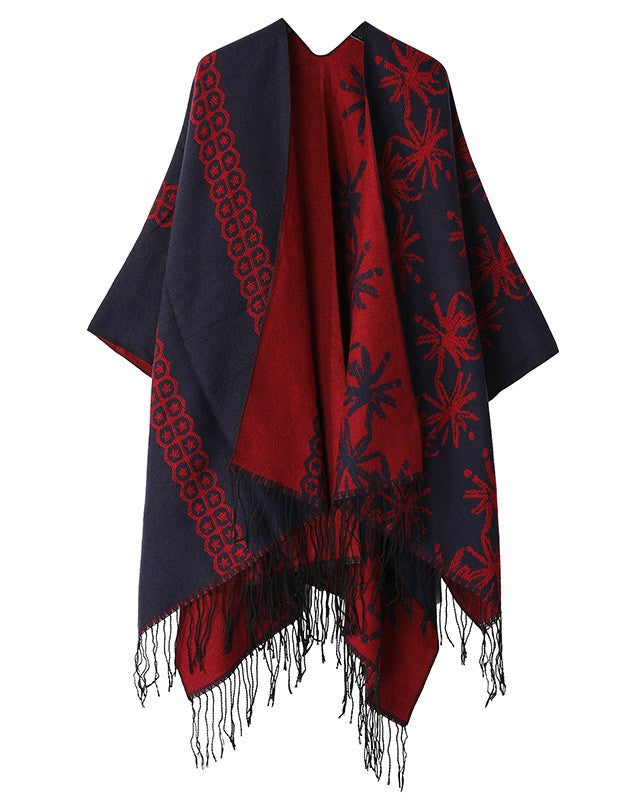 Bloom Jacquard Fringed Reversible Cape Wrap - Red