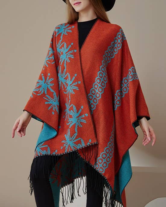 Bloom Jacquard Fringed Reversible Cape Wrap