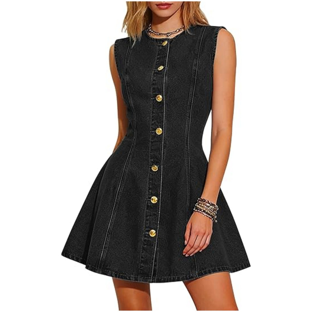 Sleeveless Denim Button Front Mini Dress - Black