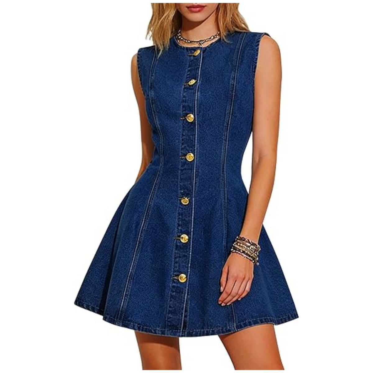 Sleeveless Denim Button Front Mini Dress - DarkBlue