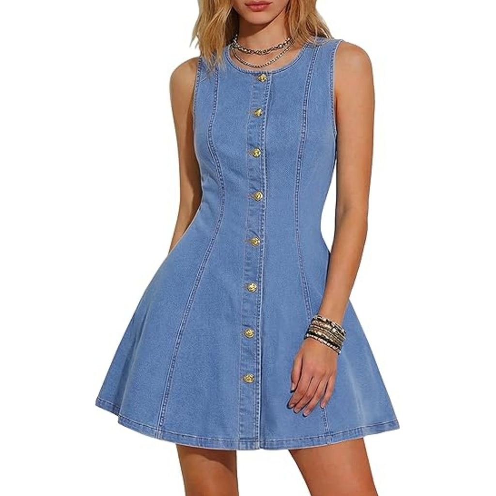 Sleeveless Denim Button Front Mini Dress - LightBlue