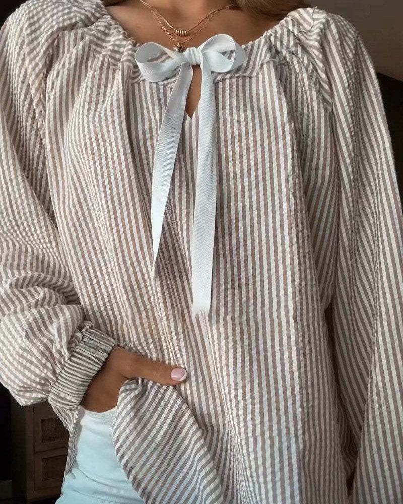Striped Balloon Sleeve Tie Neck Blouse - Khaki - 1