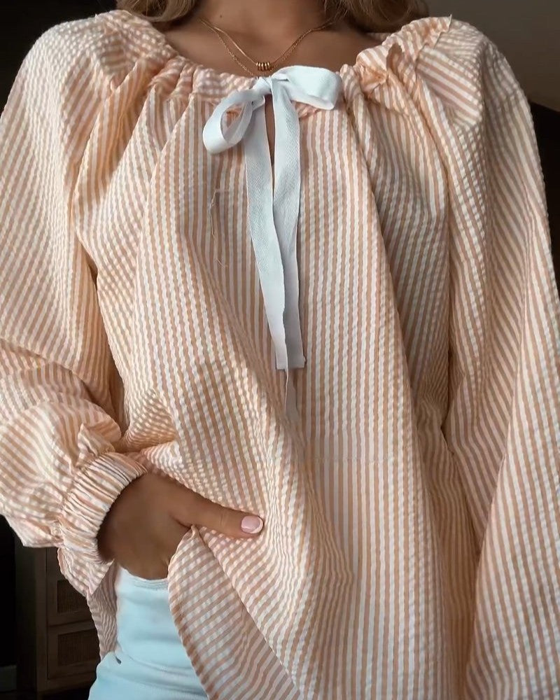 Striped Balloon Sleeve Tie Neck Blouse - Orange