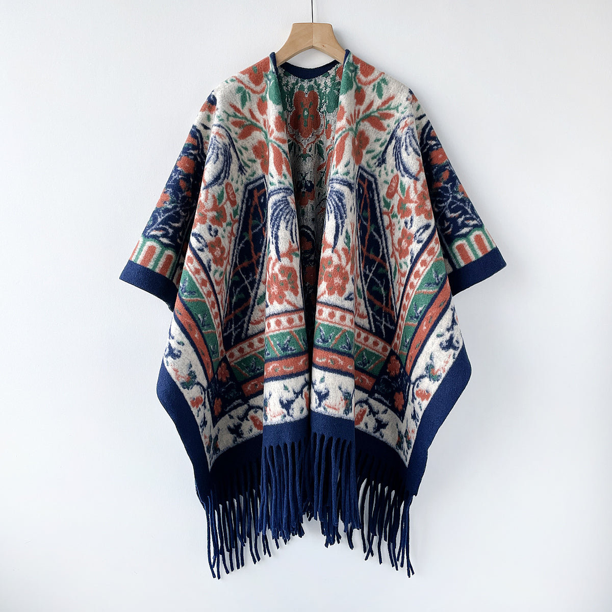 Folk Floral Print Fringe Hem Knit Cape - Blue