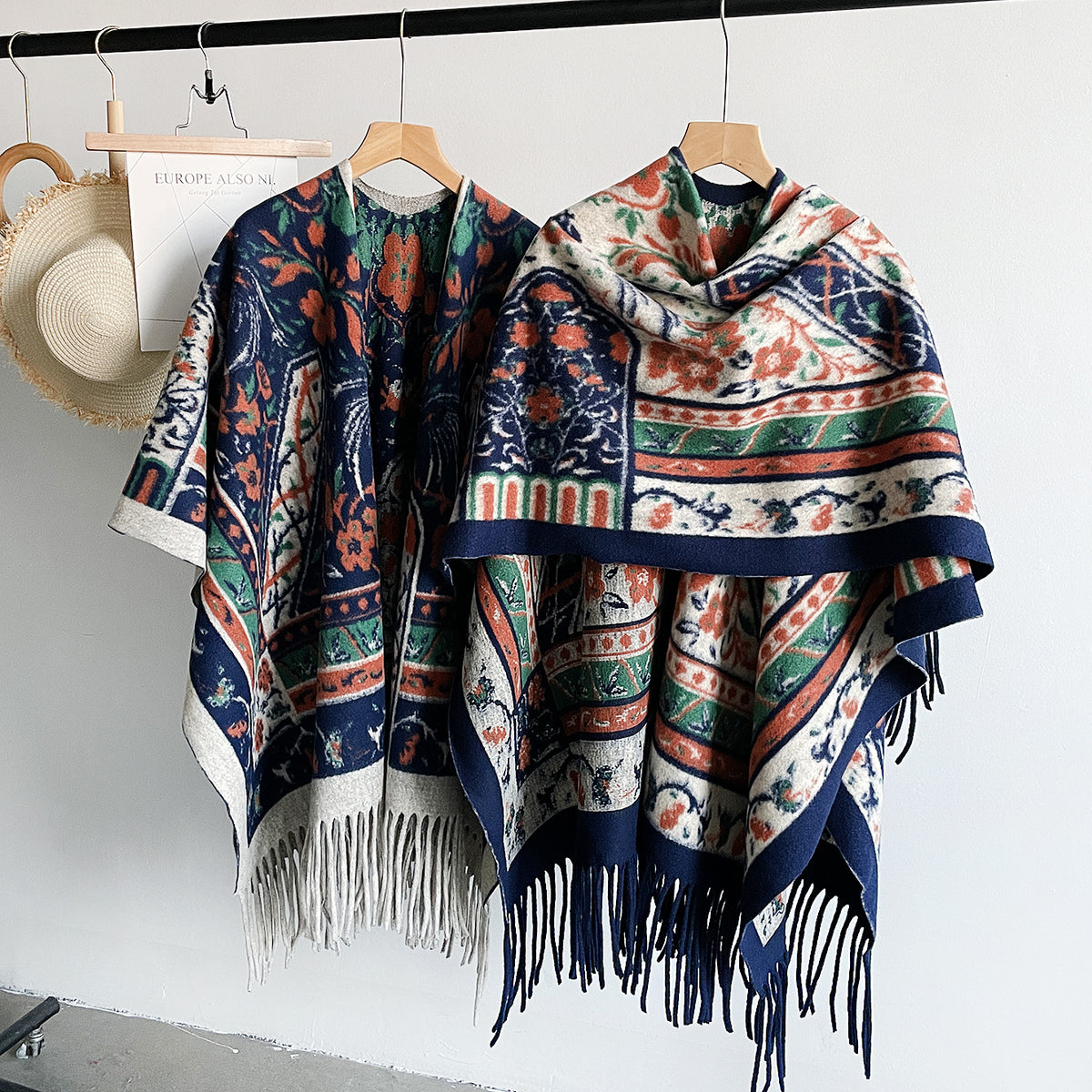 Folk Floral Print Fringe Hem Knit Cape - Blue - 1