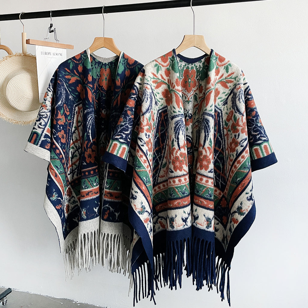 Folk Floral Print Fringe Hem Knit Cape - Blue - 2