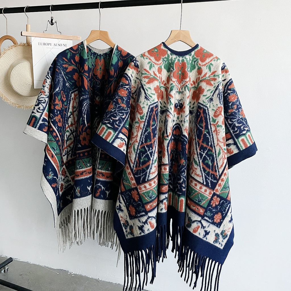 Folk Floral Print Fringe Hem Knit Cape - Blue - 3