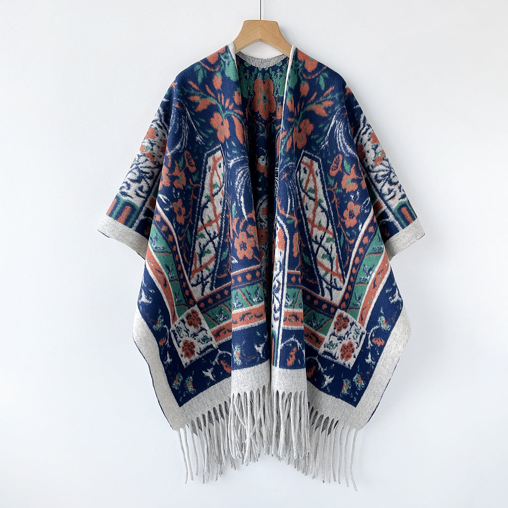 Folk Floral Print Fringe Hem Knit Cape - White