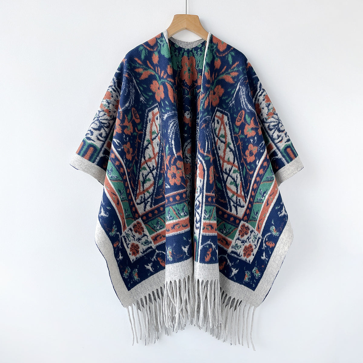 Folk Floral Print Fringe Hem Knit Cape - White