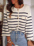 Breton Stripe Cropped Knit Cardigan With Pockets - Striped