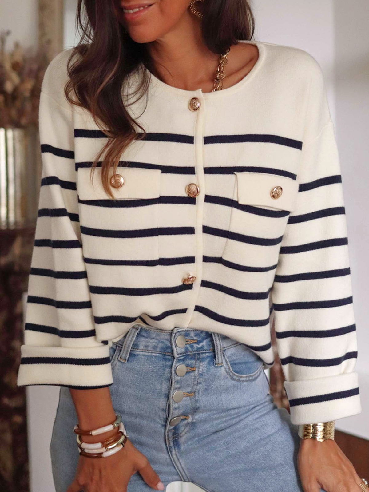 Breton Stripe Cropped Knit Cardigan With Pockets - Striped