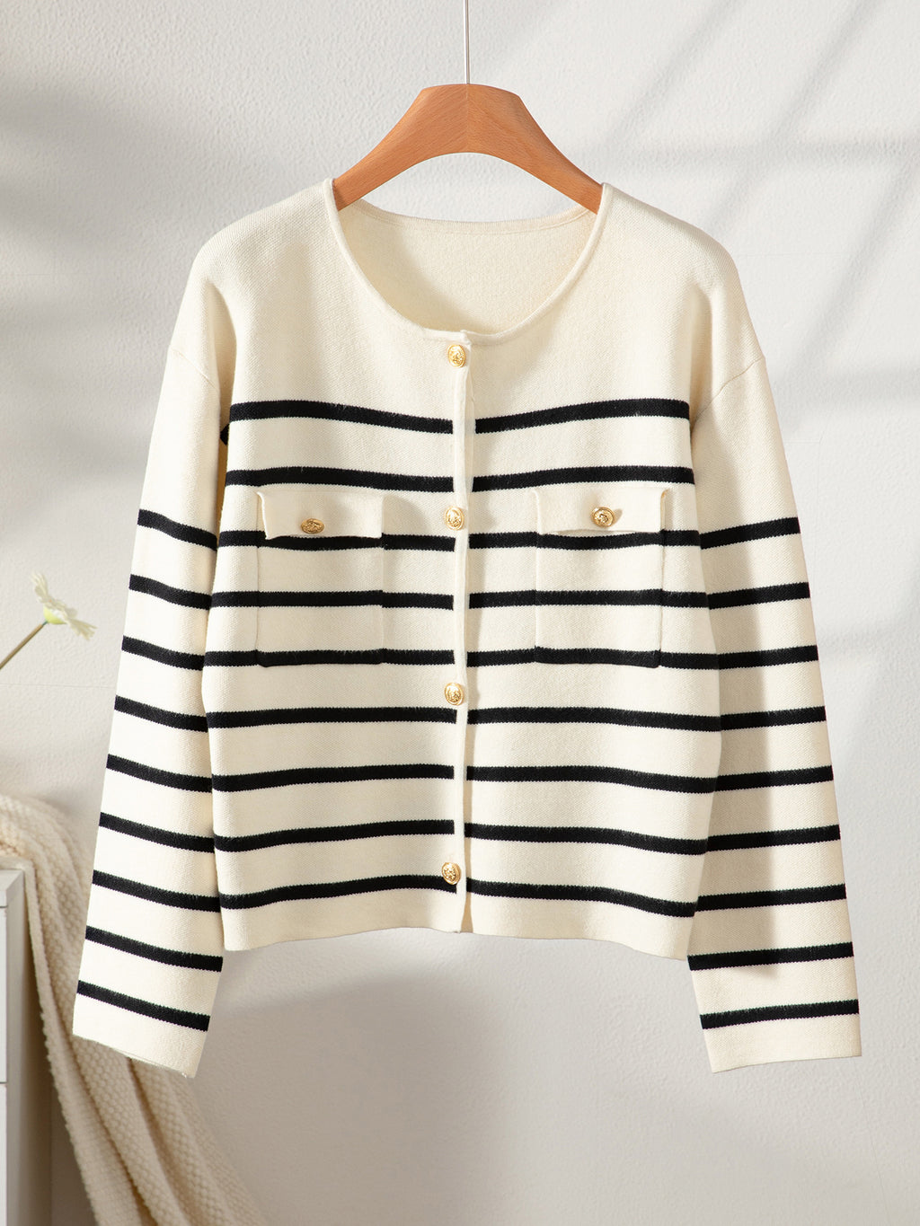 Breton Stripe Cropped Knit Cardigan With Pockets - Striped - 1