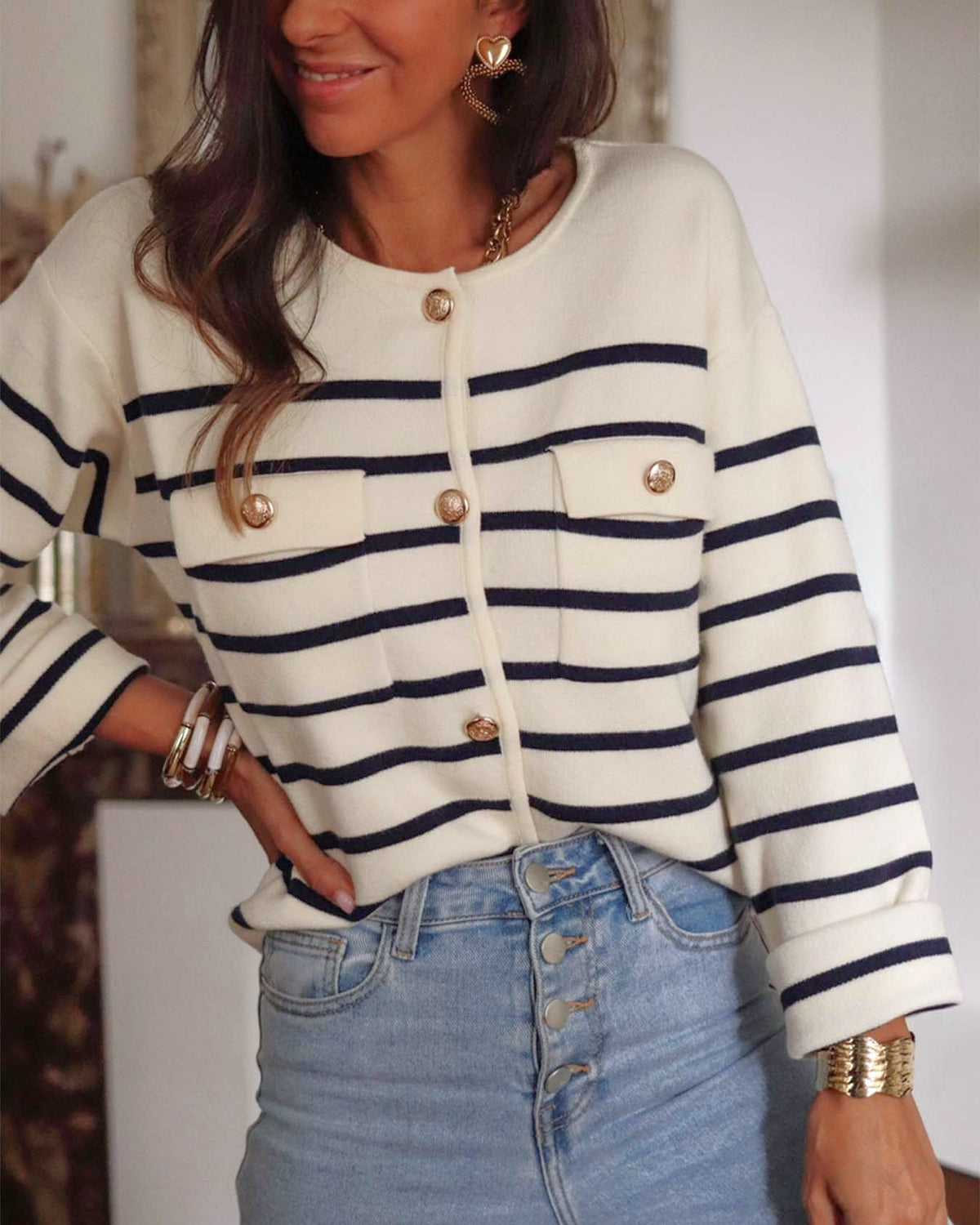 Breton Stripe Cropped Knit Cardigan With Pockets - Striped - 4