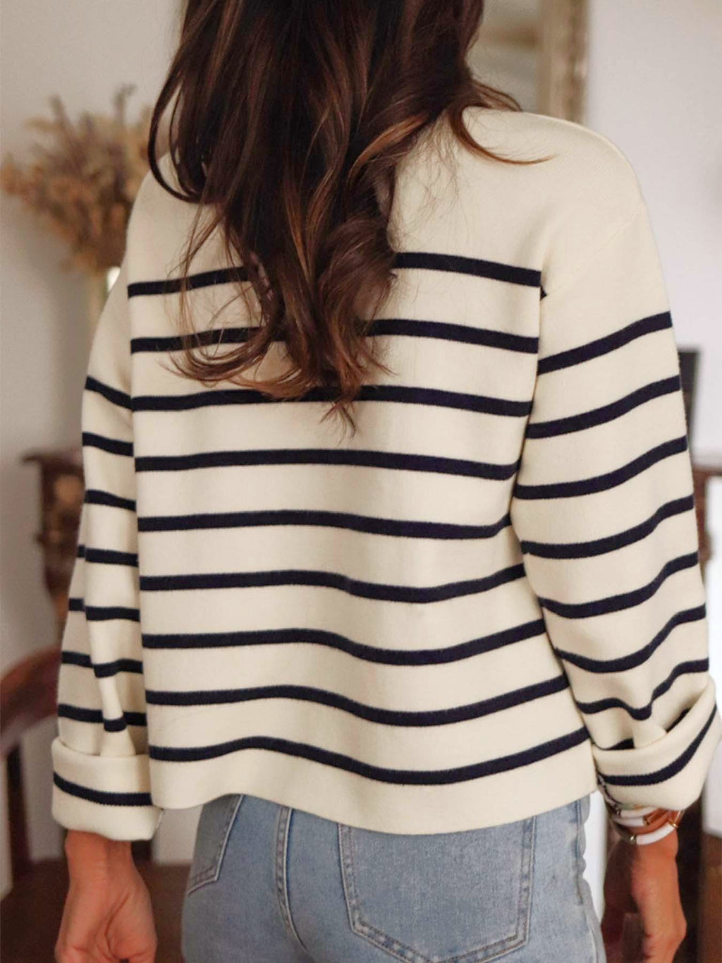 Breton Stripe Cropped Knit Cardigan With Pockets - Striped - 5