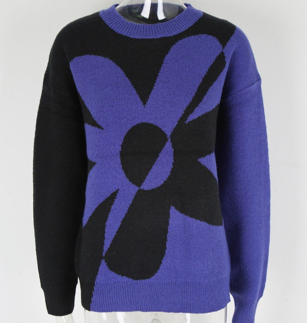 Oversized Flower Intarsia Knit Sweater - Black