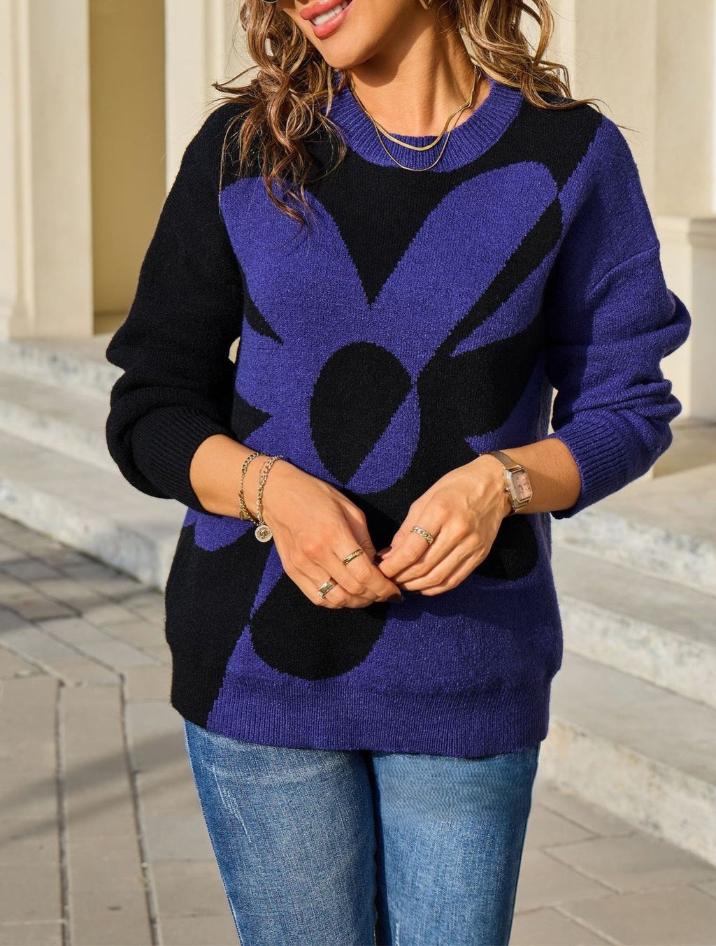 Oversized Flower Intarsia Knit Sweater - Black - 1