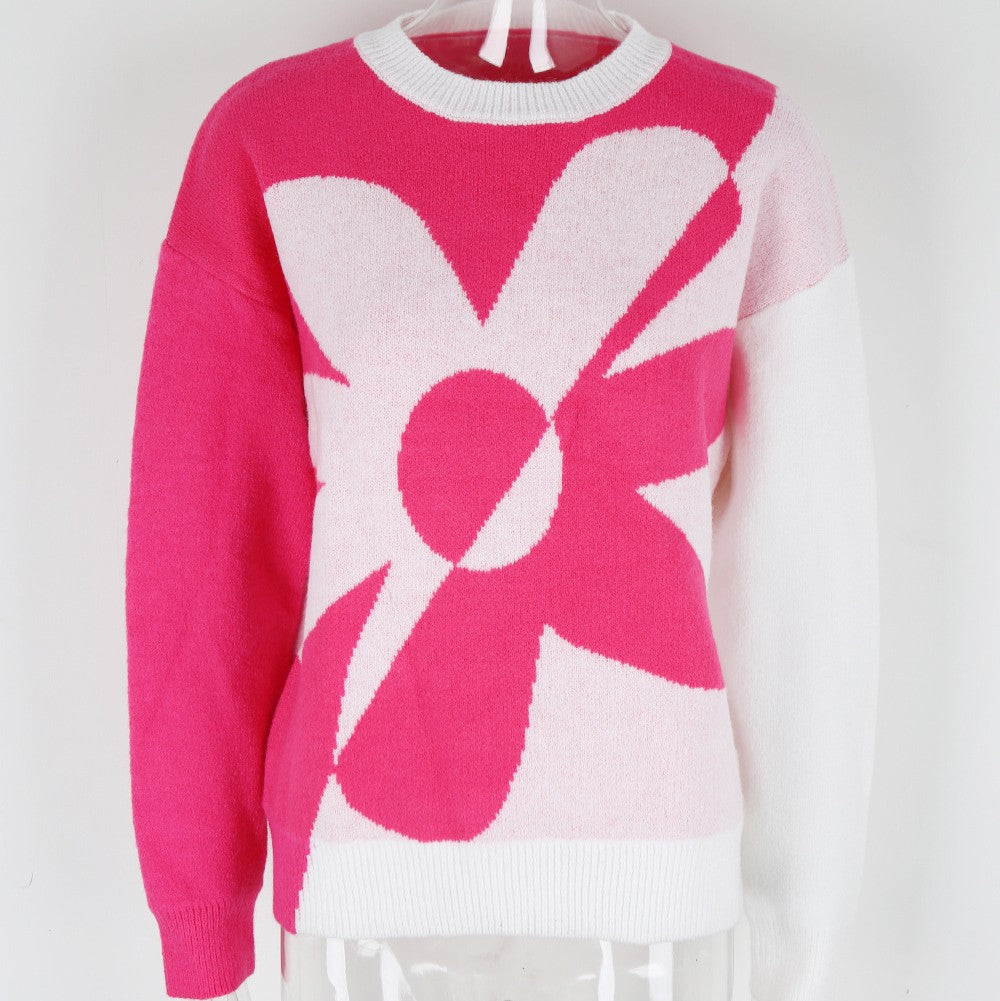 Oversized Flower Intarsia Knit Sweater - Rosered