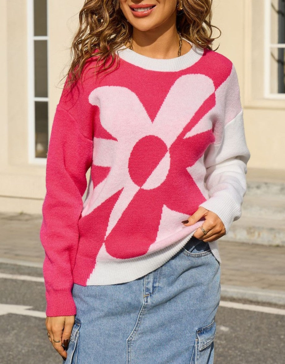Oversized Flower Intarsia Knit Sweater - Rosered - 1