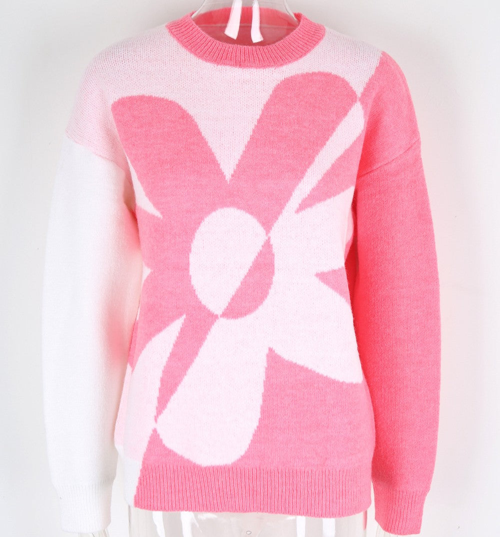 Oversized Flower Intarsia Knit Sweater - White - 1