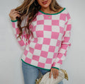 Checkerboard Contrast Trim Knit Top - Pink