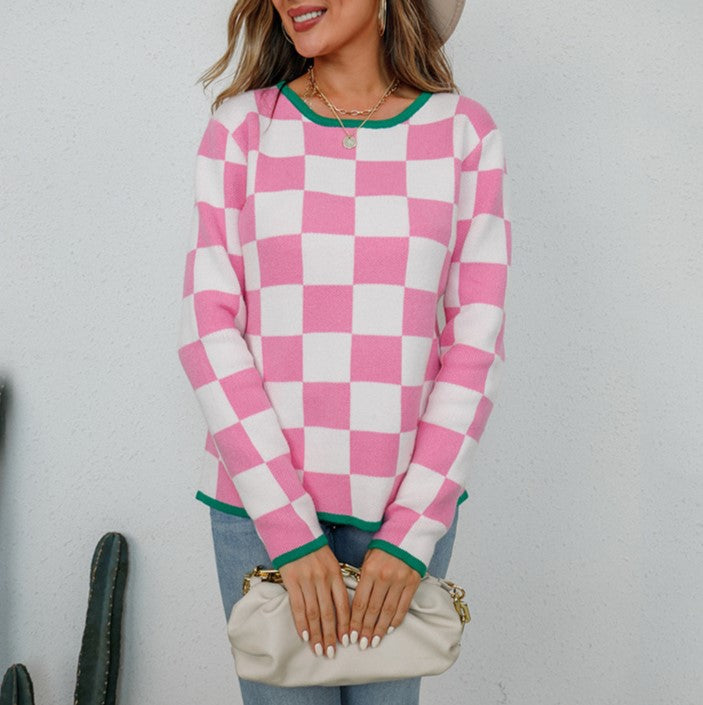 Checkerboard Contrast Trim Knit Top - Pink - 1