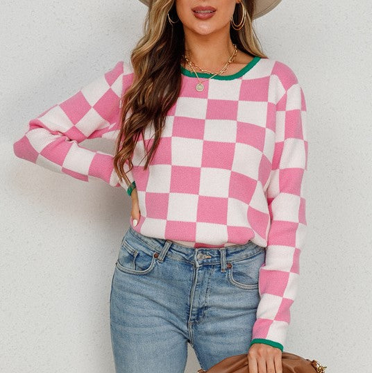 Checkerboard Contrast Trim Knit Top - Pink - 2