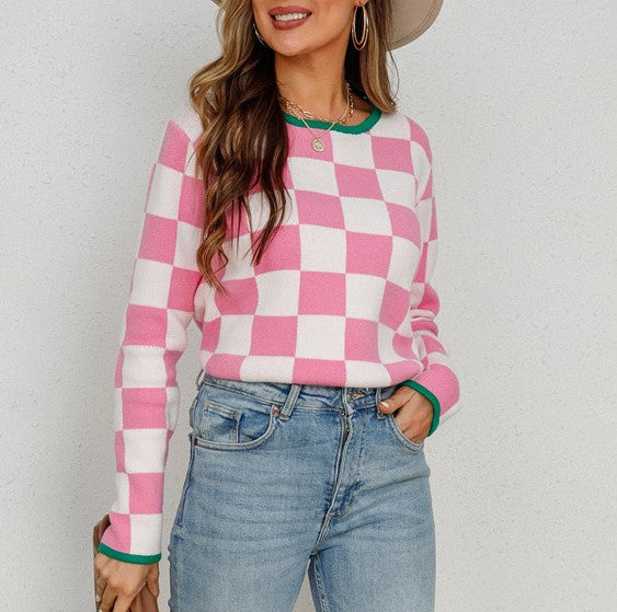 Checkerboard Contrast Trim Knit Top - Pink - 3