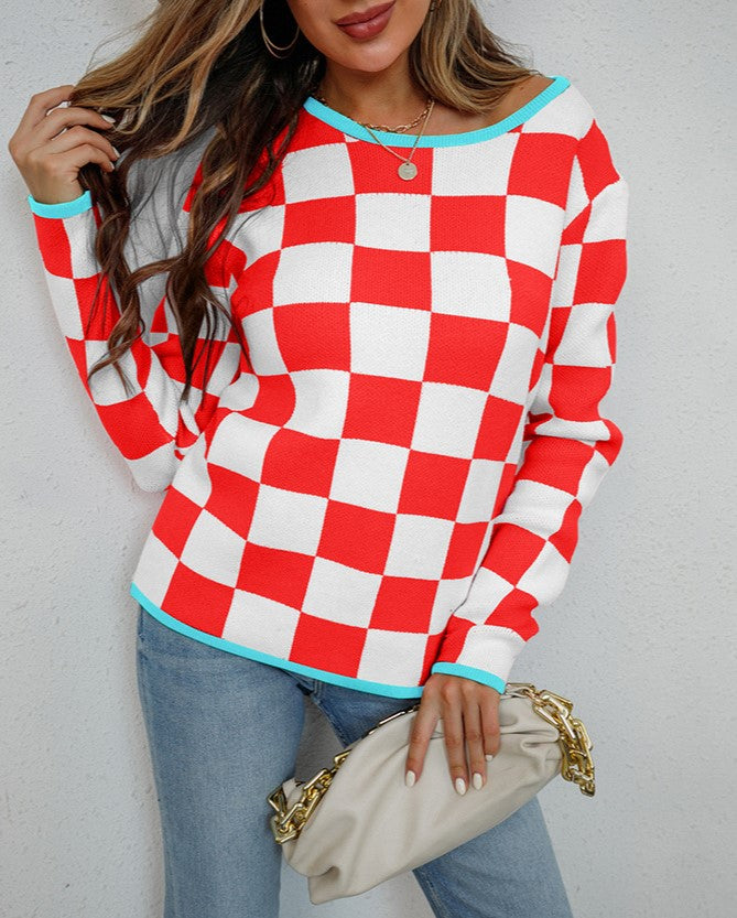 Checkerboard Contrast Trim Knit Top - Red