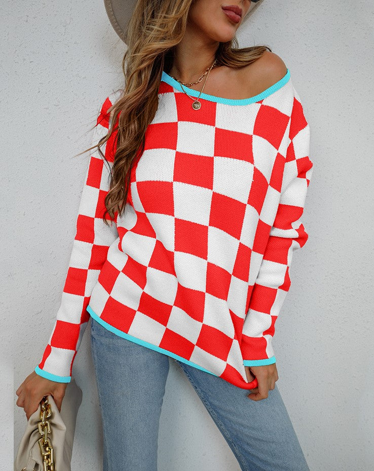 Checkerboard Contrast Trim Knit Top - Red - 1