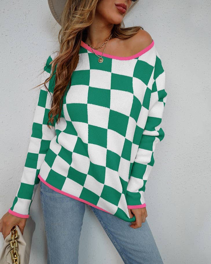 Checkerboard Contrast Trim Knit Top