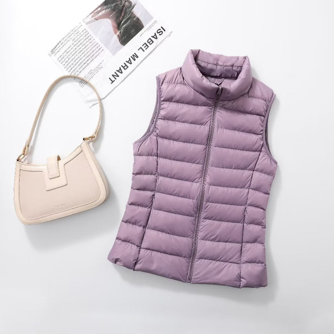 Lightweight Quilted Stand Collar Puffer Vest - LightPurple