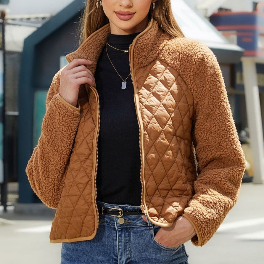 Sherpa Teddy Coat With Quilted Front - Camel