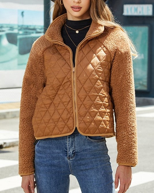 Sherpa Teddy Coat With Quilted Front - Camel - 3