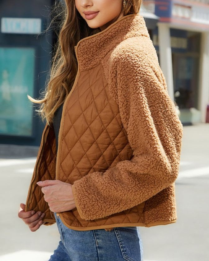 Sherpa Teddy Coat With Quilted Front - Camel - 4