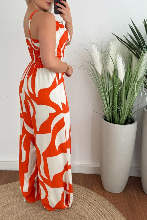 Abstract Print Strappy Wide Leg Jumpsuit - Orange - 1