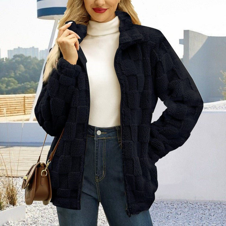 Checkerboard Texture Plush Zip Front Coat - Black
