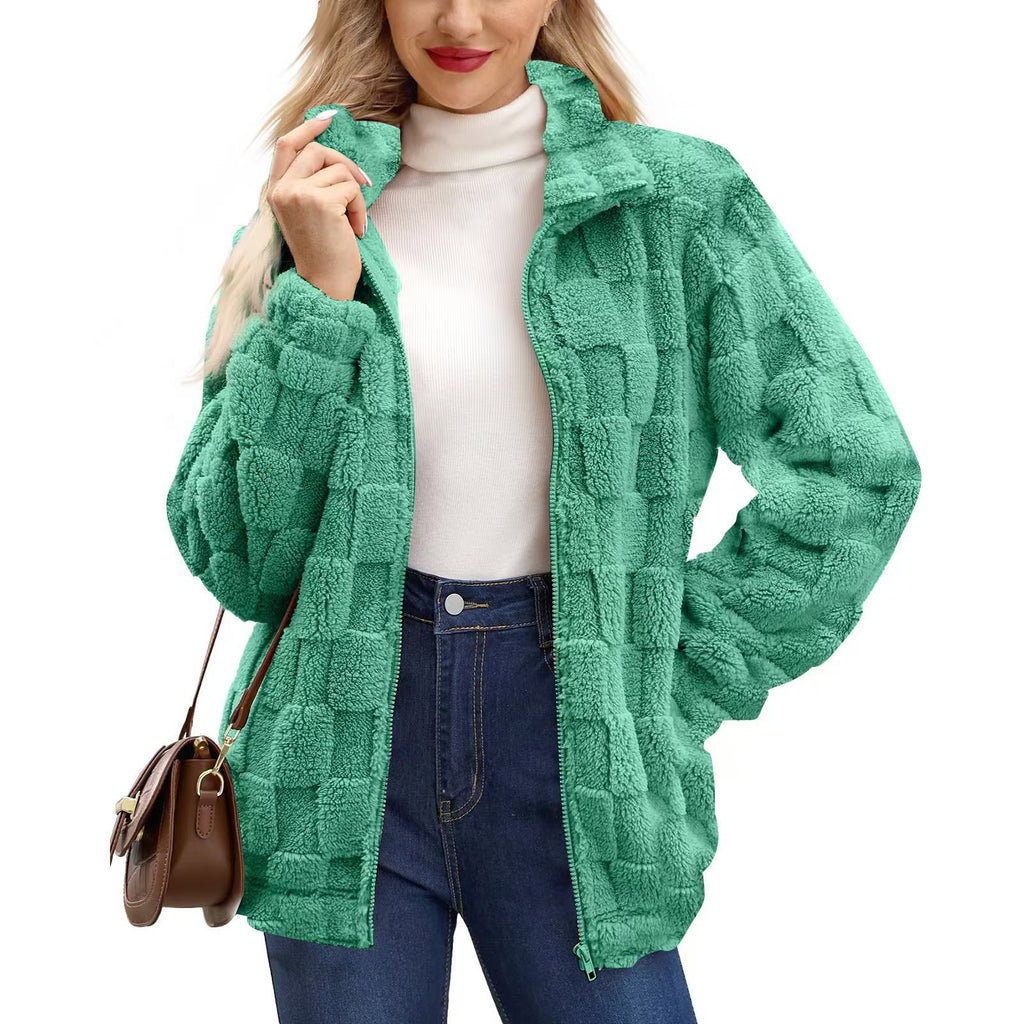 Checkerboard Texture Plush Zip Front Coat - Green