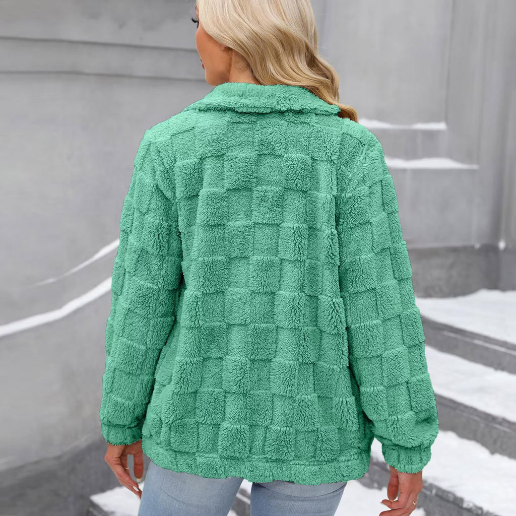 Checkerboard Texture Plush Zip Front Coat - Green - 1