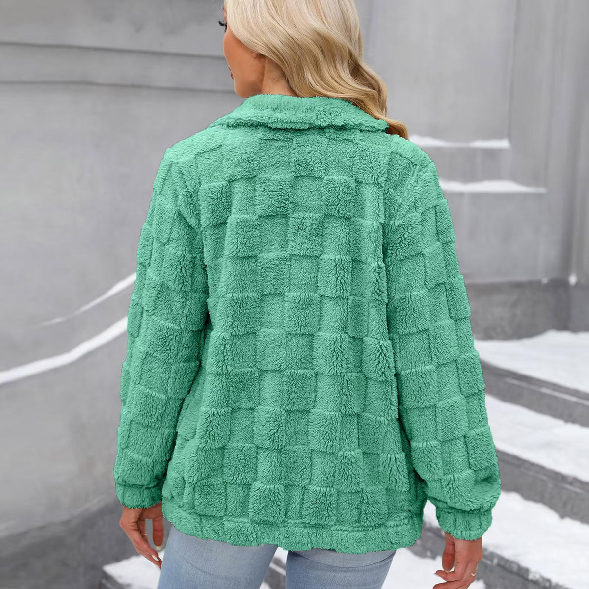 Checkerboard Texture Plush Zip Front Coat - Green - 1