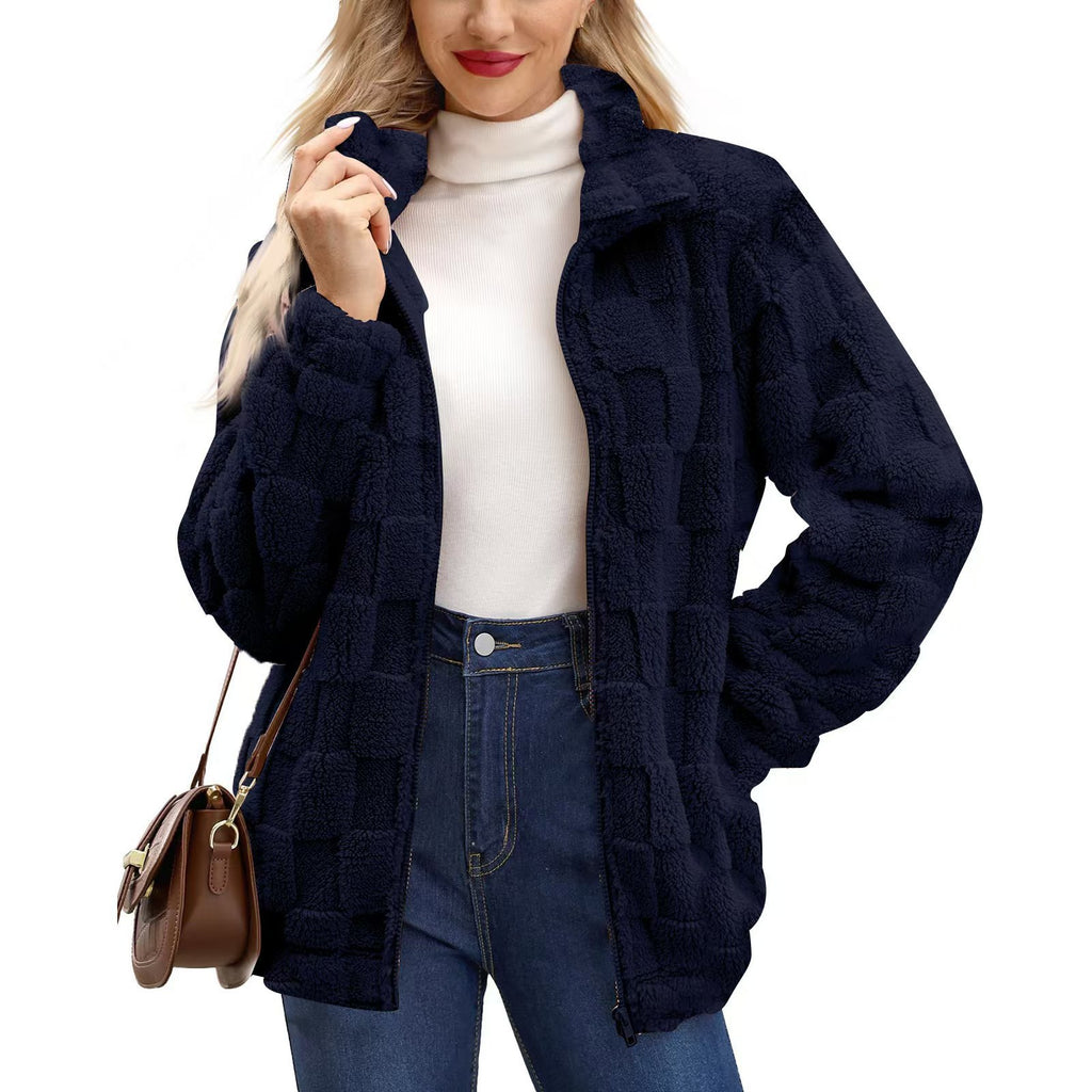 Checkerboard Texture Plush Zip Front Coat - NavyBlue