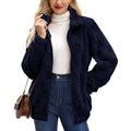 Checkerboard Texture Plush Zip Front Coat - NavyBlue