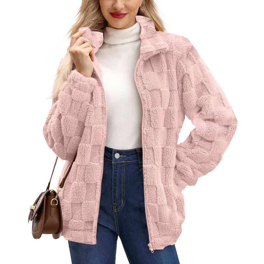 Checkerboard Texture Plush Zip Front Coat - Pink