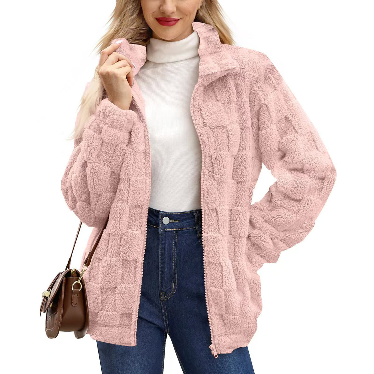 Checkerboard Texture Plush Zip Front Coat - Pink