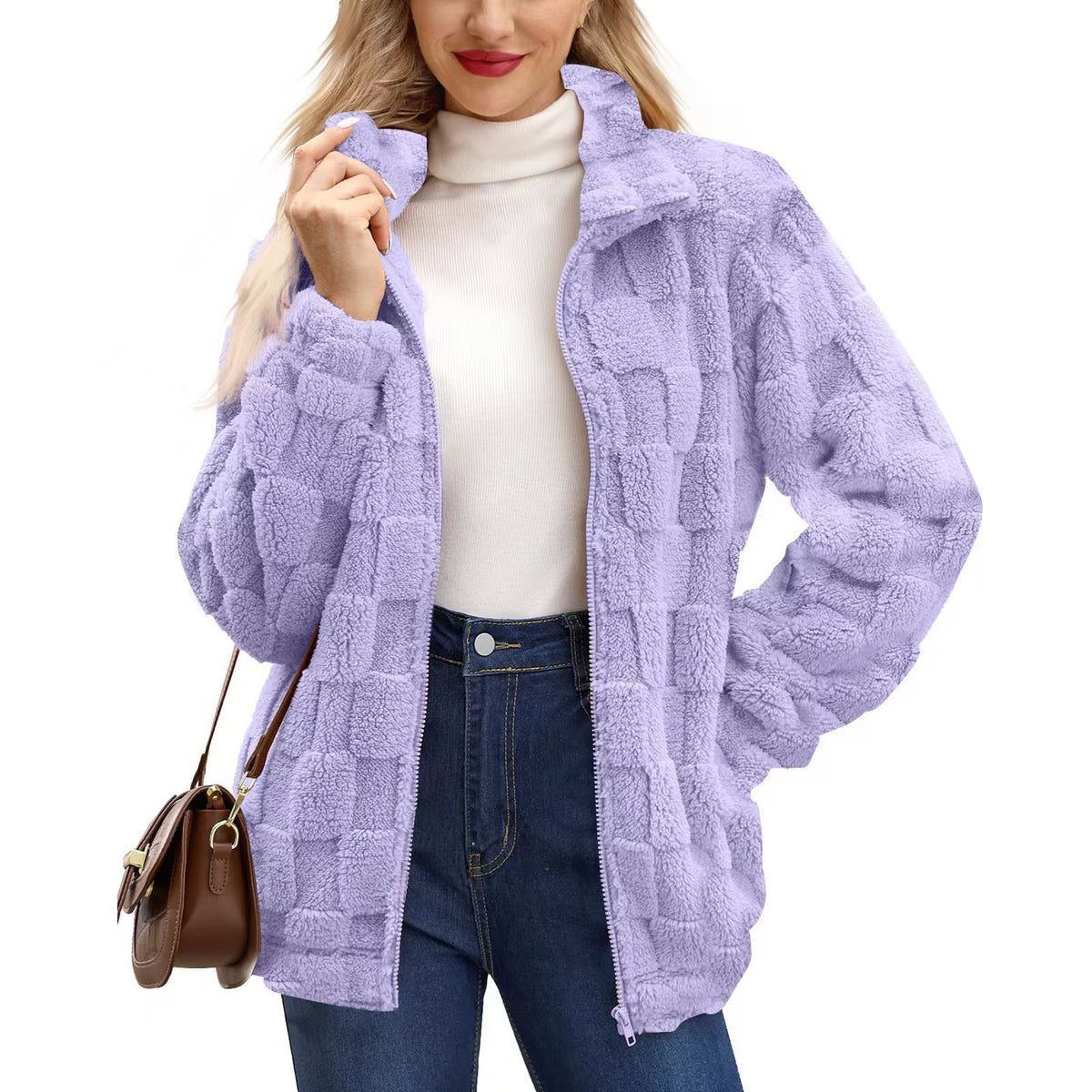 Checkerboard Texture Plush Zip Front Coat - Purple